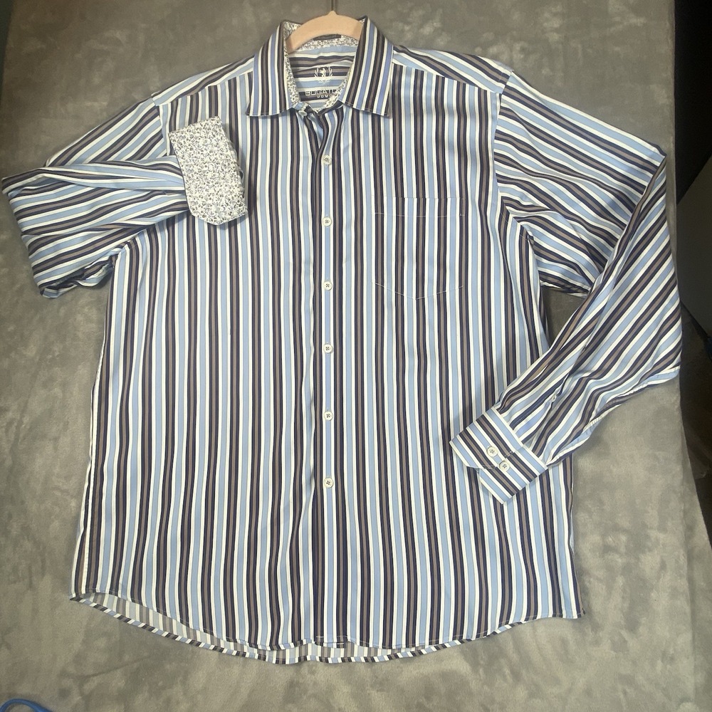 Bugatchi Uomo Shirt XL Flip Cuff Button Up Blue Brown & Striped Unique Contrast‎ - Picture 3 of 9